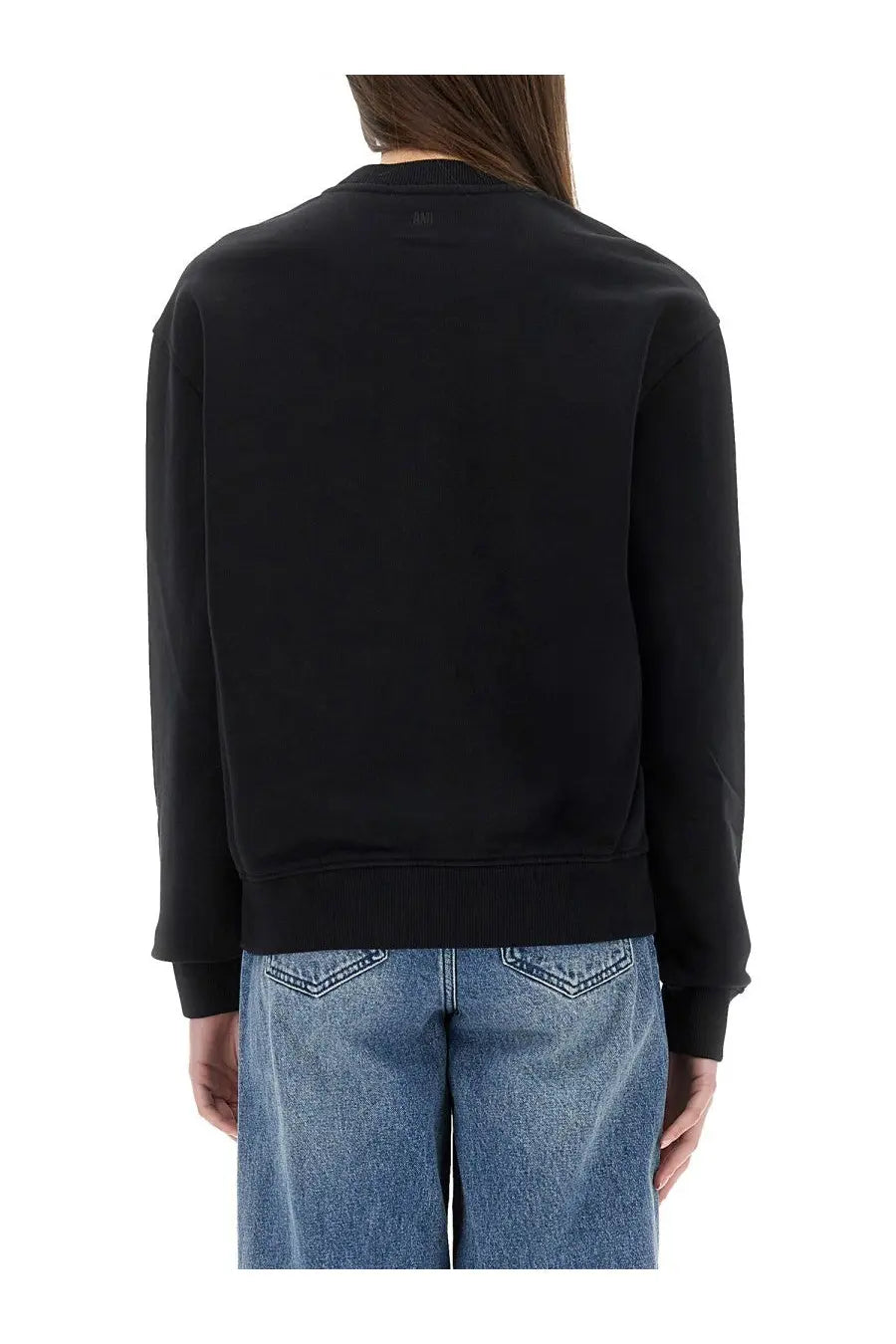 Ami Paris women’s black crewneck sweatshirt with ribbed cuffs and hem made from soft cotton blend