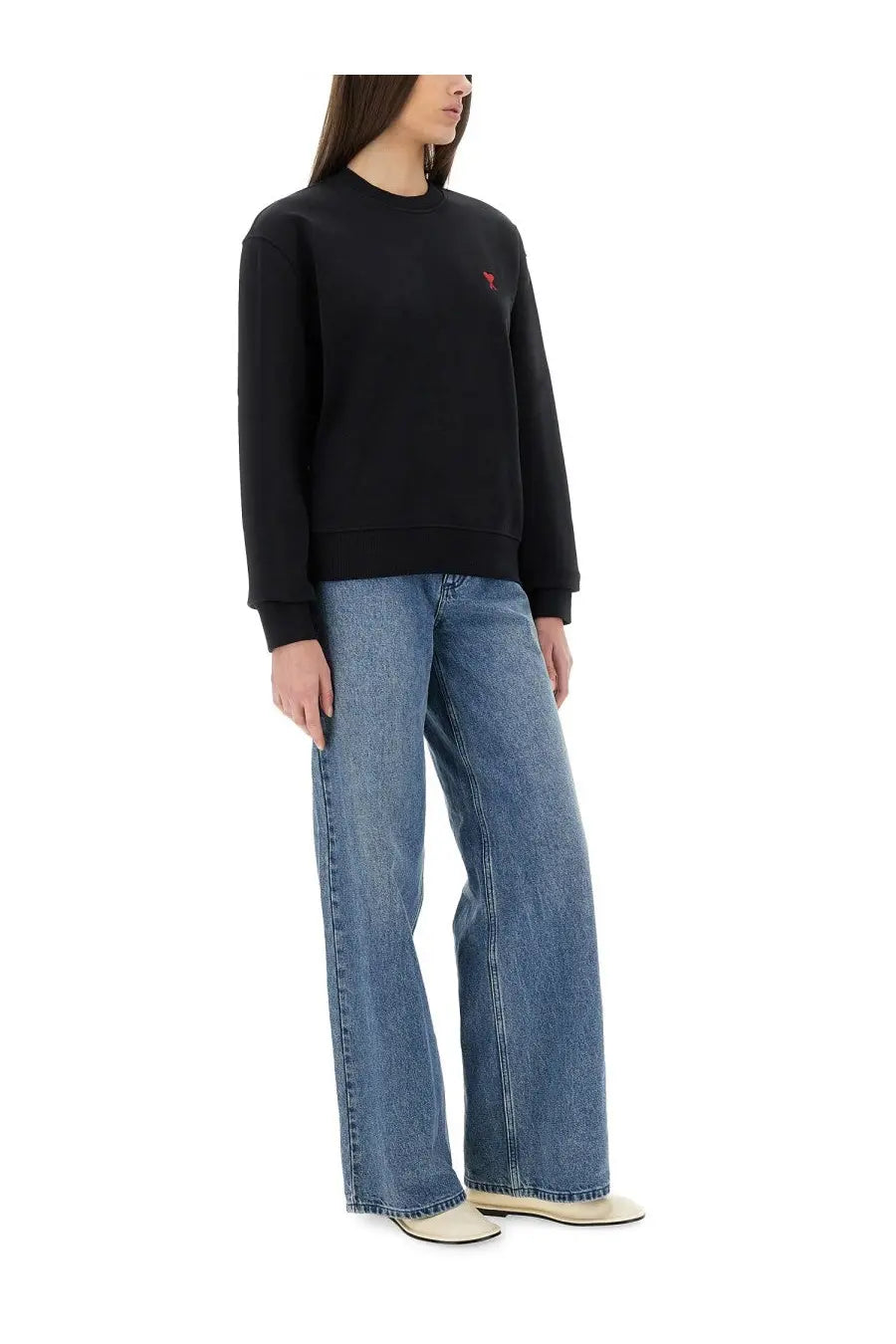 Ami Paris women’s black long-sleeved sweatshirt with small red embroidered logo on the left chest