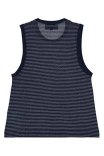Ami Paris women’s navy blue sleeveless tank top with thin white horizontal stripes perfect for casual wear