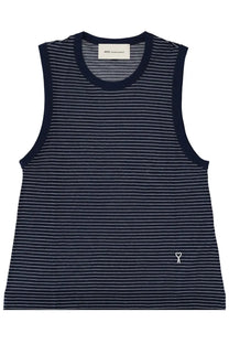Ami Paris women’s navy blue and white striped sleeveless tank top with a small embroidered heart logo on the front