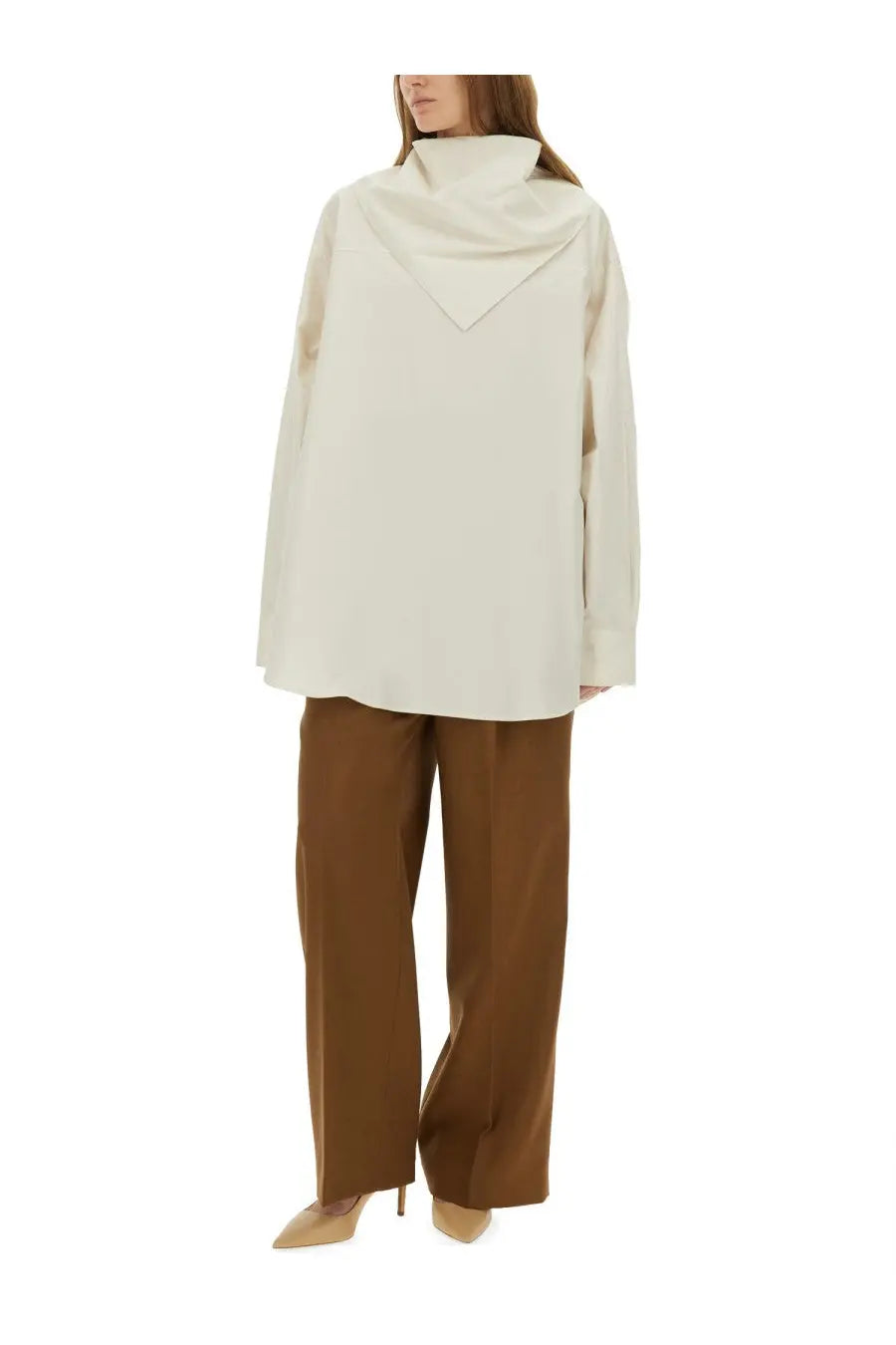 Cream-colored oversized blouse with high draped collar and long sleeves paired with ami paris womens brown wool pants
