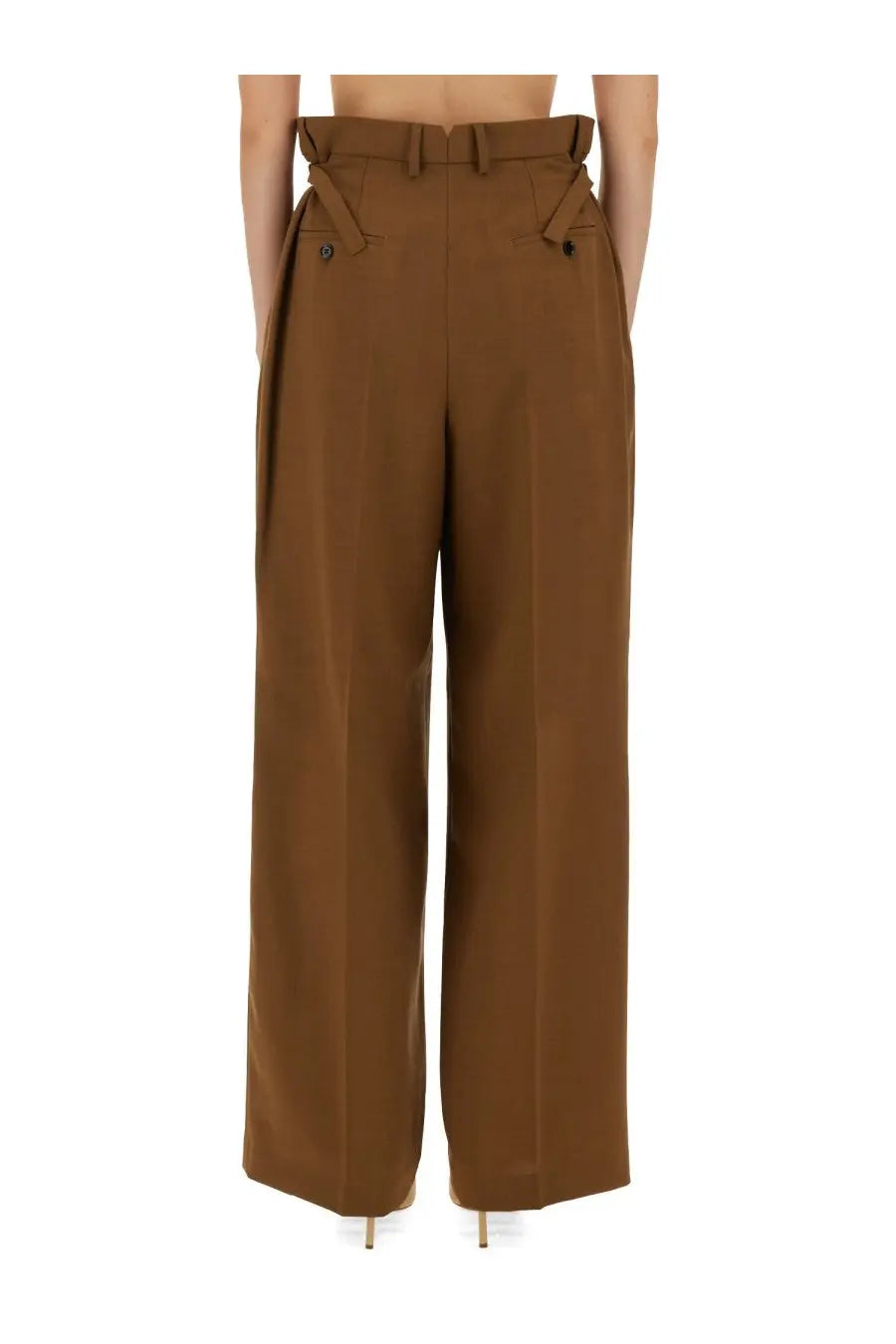 Ami Paris women’s brown high-waisted wool pants with wide legs, belted waist, and front pockets