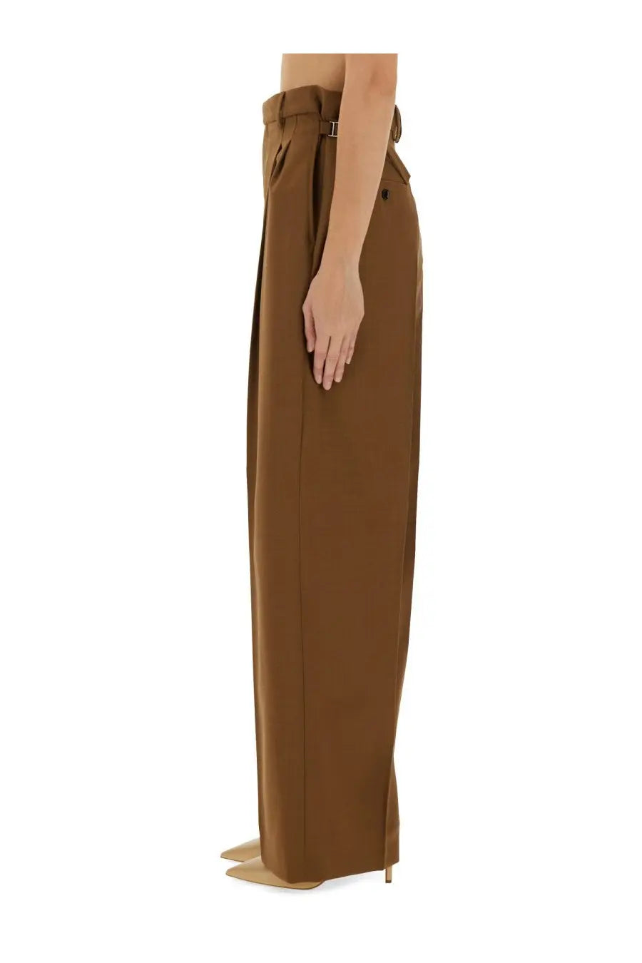 Ami paris women’s wool pants brown high-waisted wide-leg trousers with sleek tailored fit and subtle side slits