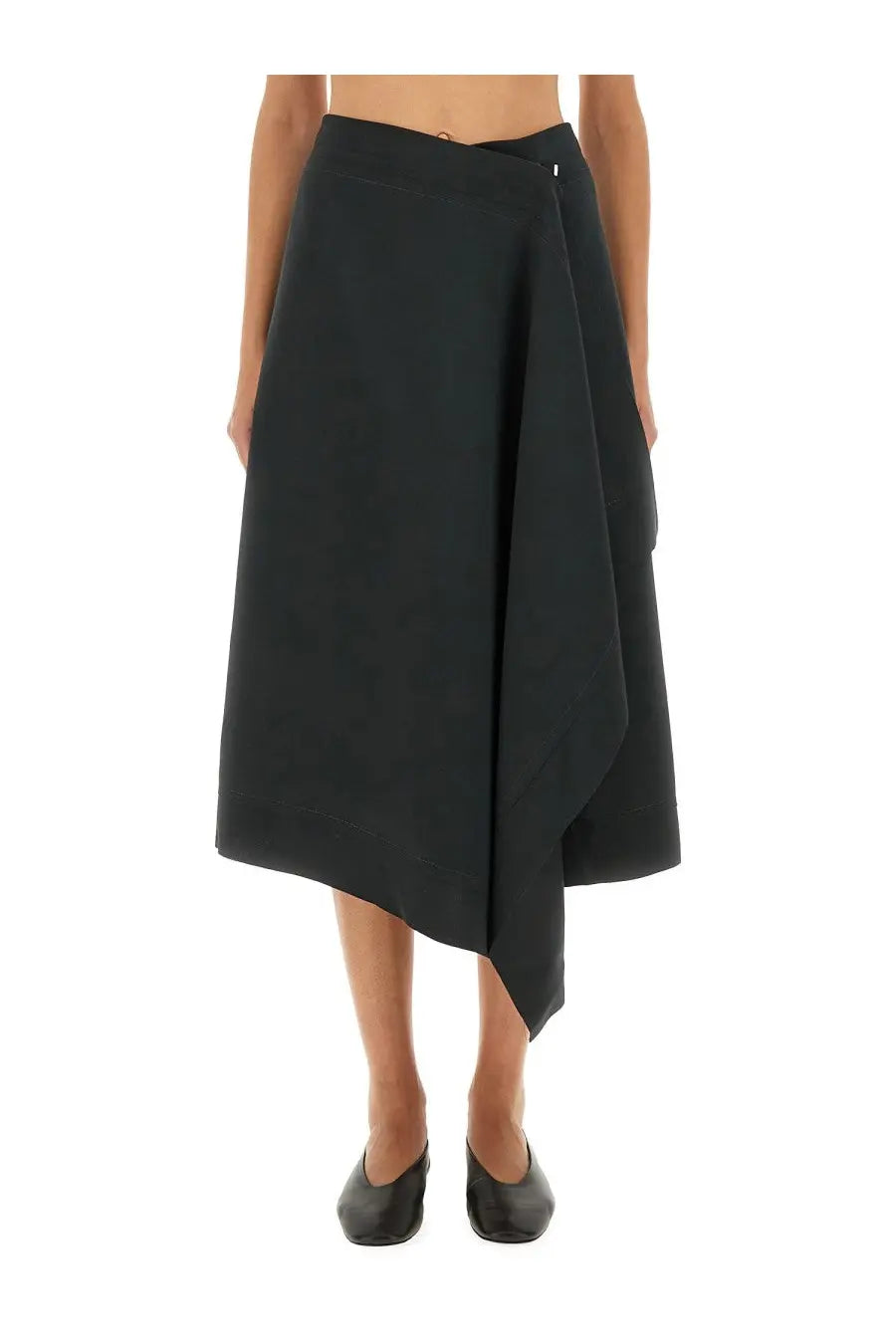 Ami paris women’s wool wrapped skirt grey in black asymmetrical midi style with draped flowing design front view