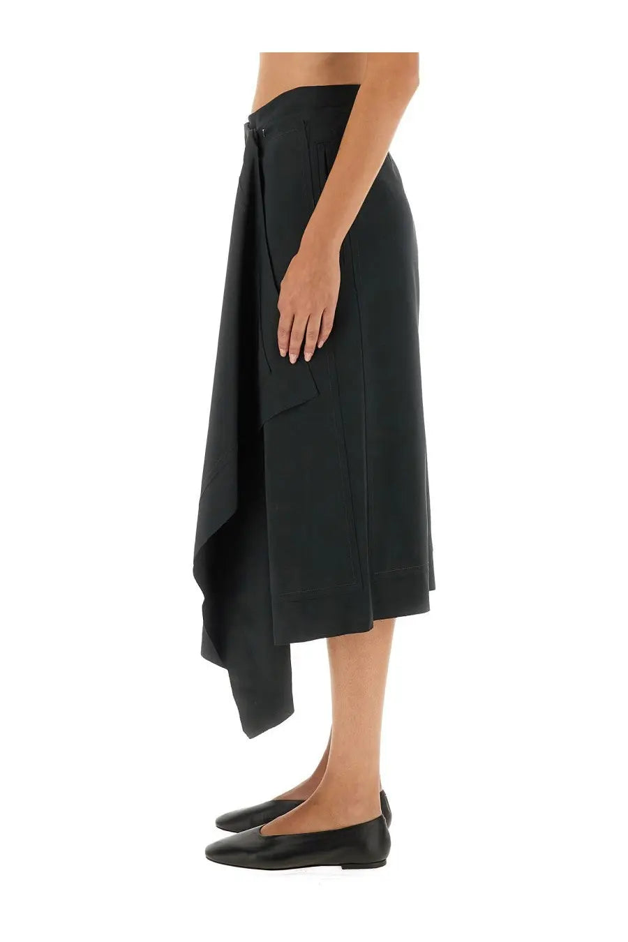 Ami Paris women’s wool wrapped skirt in grey with a black asymmetrical draped pleated design and side pocket