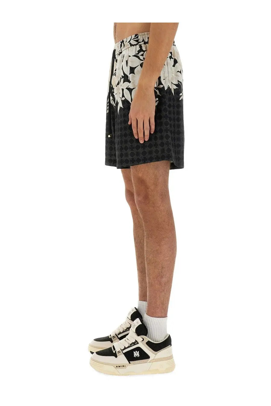 Amiri men’s bermuda garden black shorts with black and white floral pattern and drawstring waistband