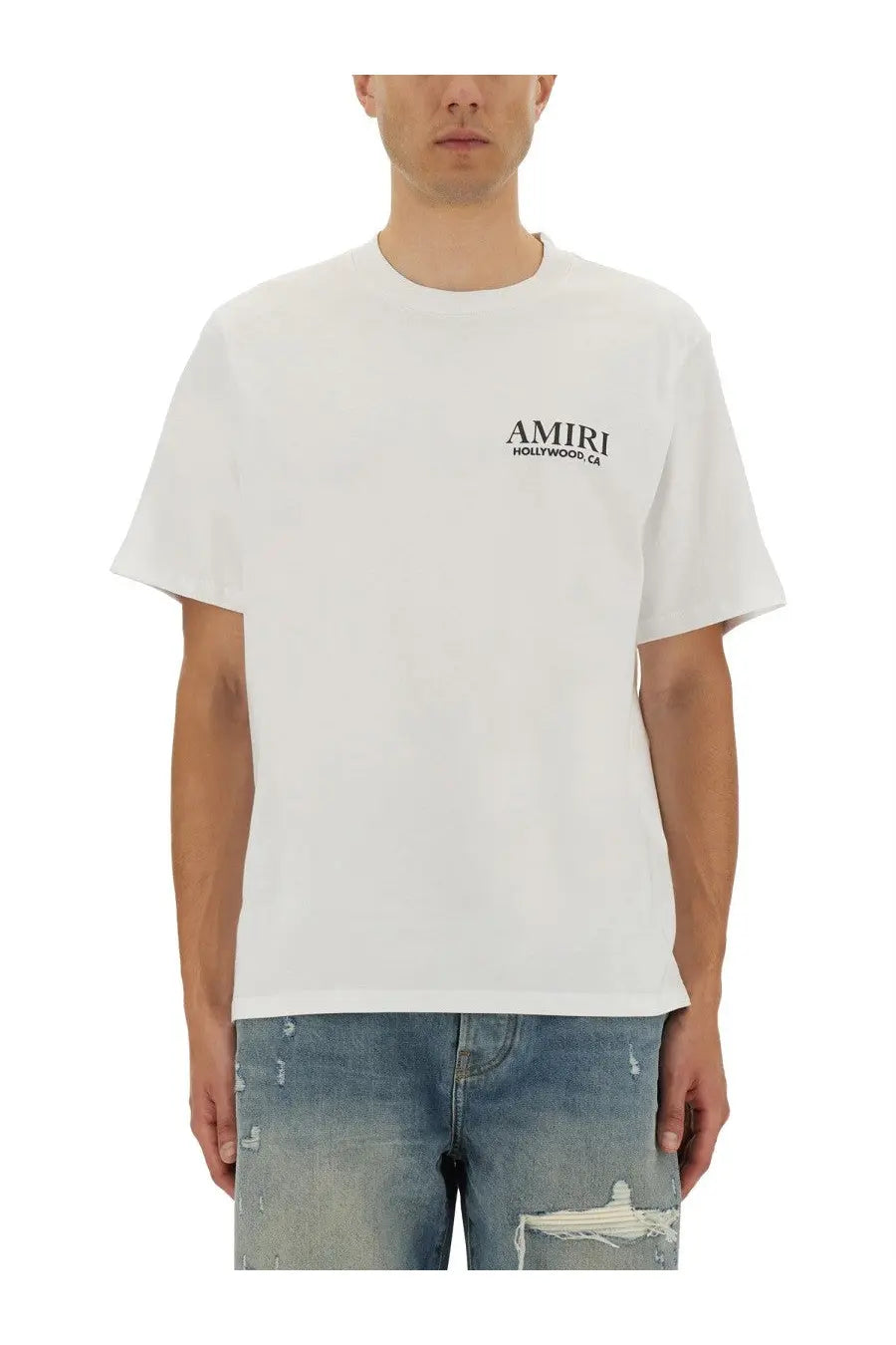 White amiri men’s bones stacked print t-shirt with black amiri hollywood ca logo on the left chest