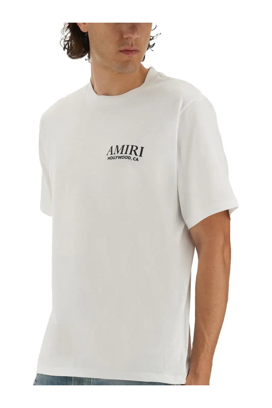 Amiri men’s white cotton t-shirt with black amiri hollywood ca logo printed on the chest