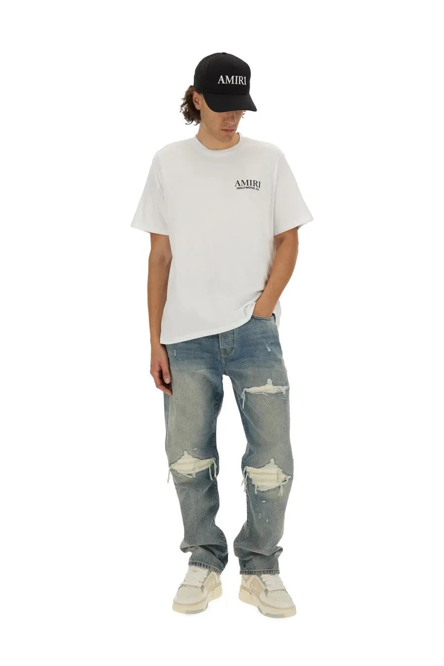White amiri men’s bones stacked print t-shirt with subtle black logo on the chest in soft cotton fabric