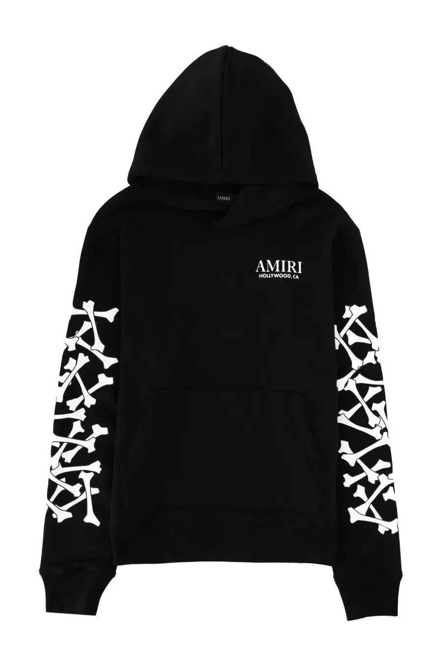 Black amiri men’s hoodie with white bone sleeve graphics and amiri hollywood ca branding on the chest