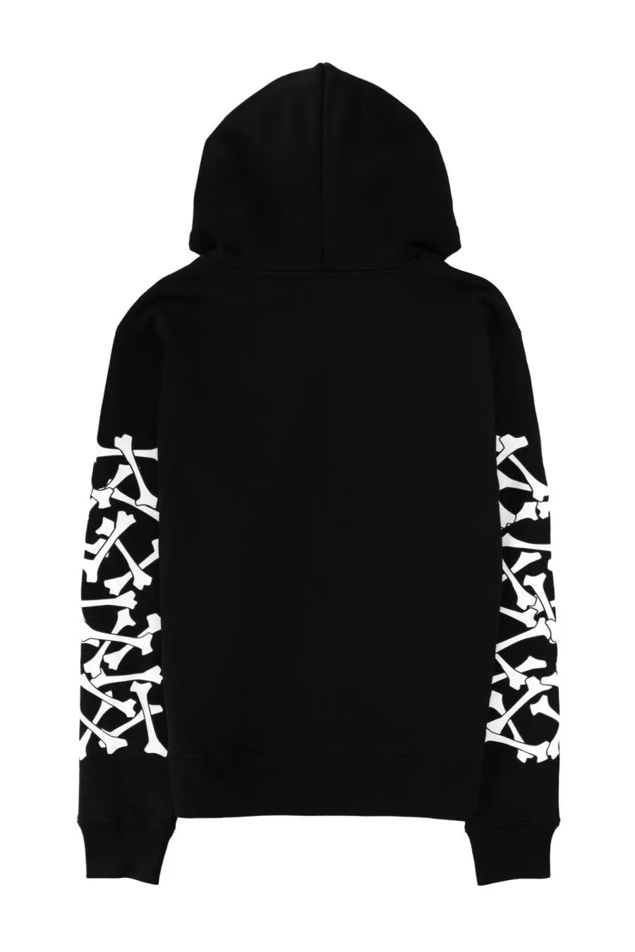 Black amiri men’s hoodie featuring white crossed bone graphics stacked along the sleeves