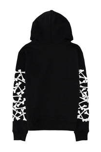 Black amiri men’s hoodie featuring white crossed bone graphics stacked along the sleeves