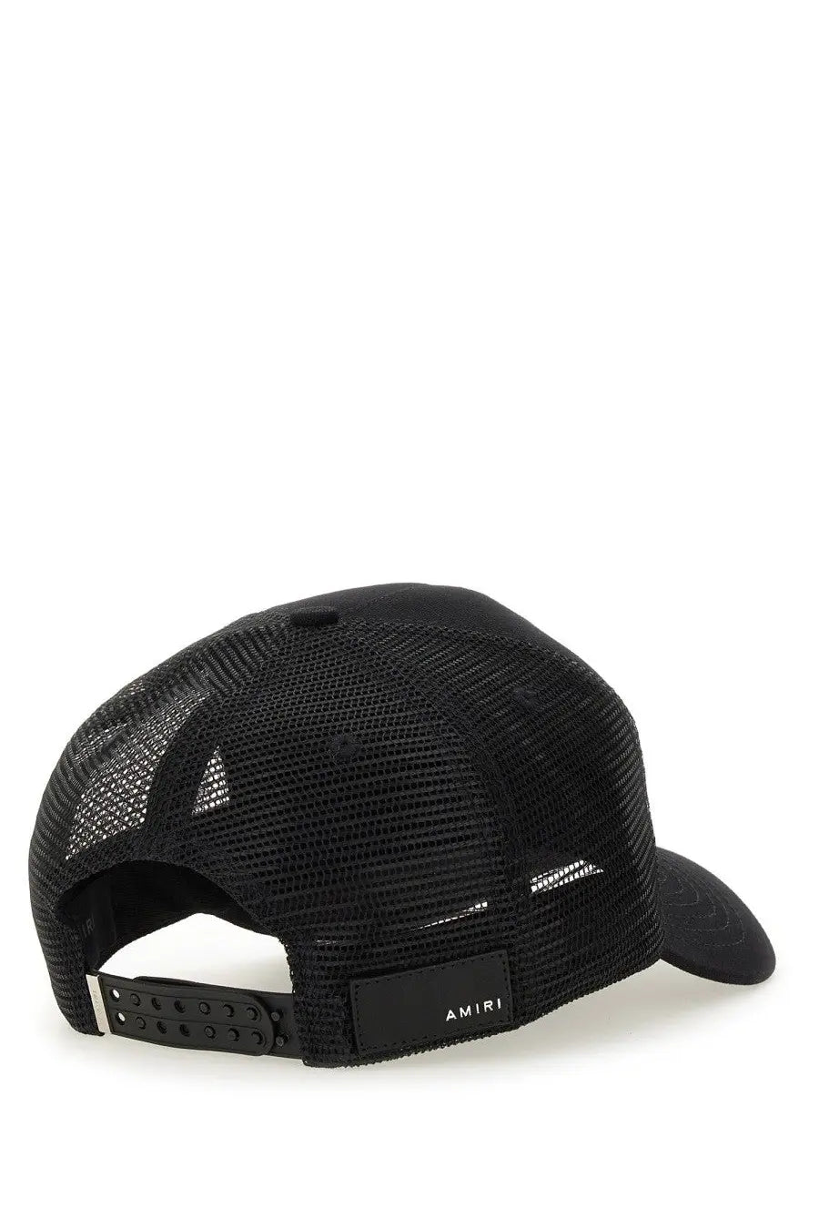 Back side of amiri black mesh trucker hat with solid black brim and adjustable strap showing brand label