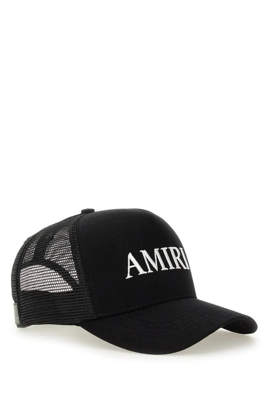 Black amiri men’s trucker baseball cap with white embroidered logo on front panel and adjustable back strap