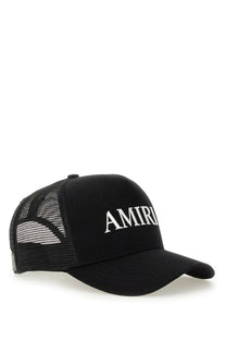 Black amiri men’s trucker baseball cap with white embroidered logo on front panel and adjustable back strap