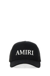 Black amiri men’s trucker hat with white embroidered logo designed as a cappello da baseball con black