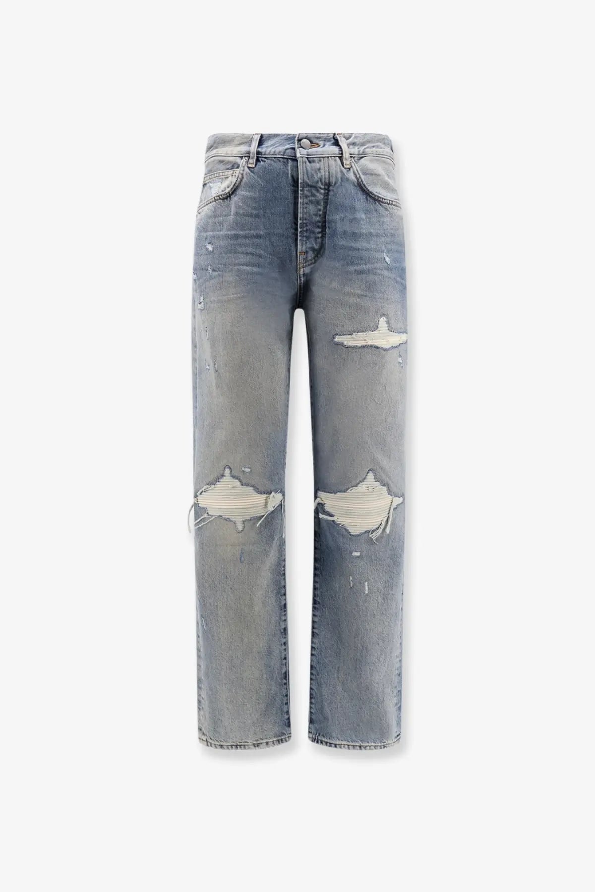 Amiri men’s destroyed effect jeans in blue featuring distressed light-wash denim with ripped knee patches