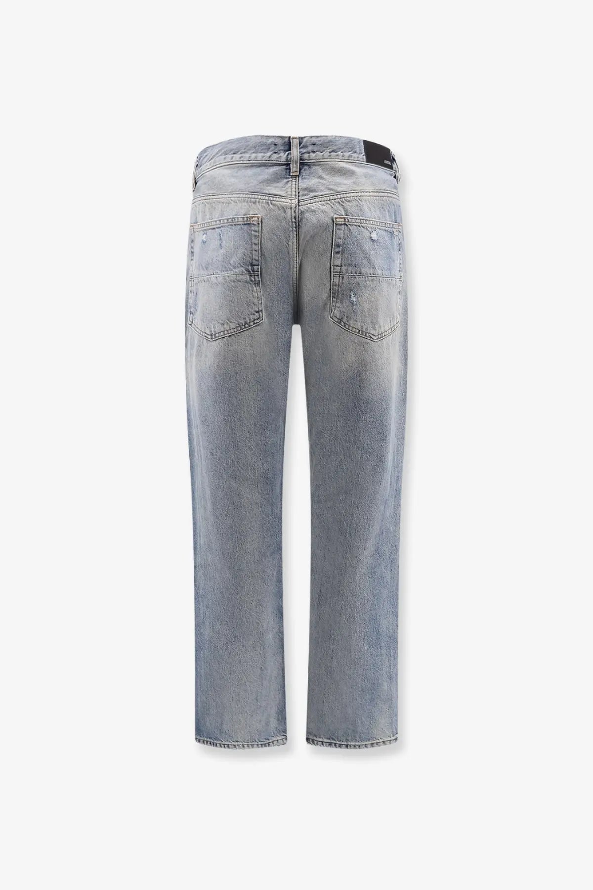 Amiri men’s destroyed effect light-wash denim jeans with straight-leg cut and subtle distressing on back pockets back side