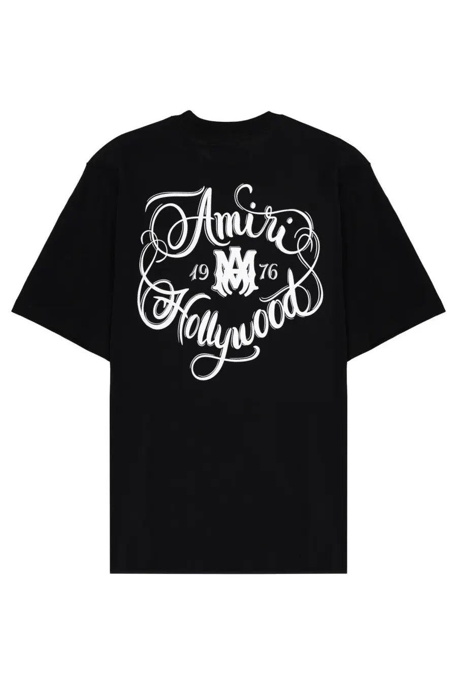 Black amiri men’s hollywood t-shirt with bold white cursive amiri hollywood 1976 graphic and interlocking m logo