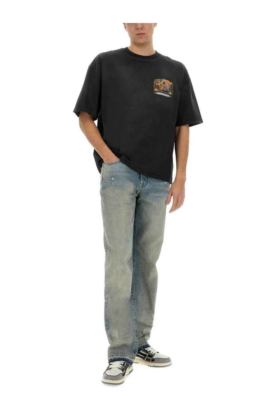 Amiri men’s jazz hideaway black oversized t-shirt with colorful graphic print on the left chest