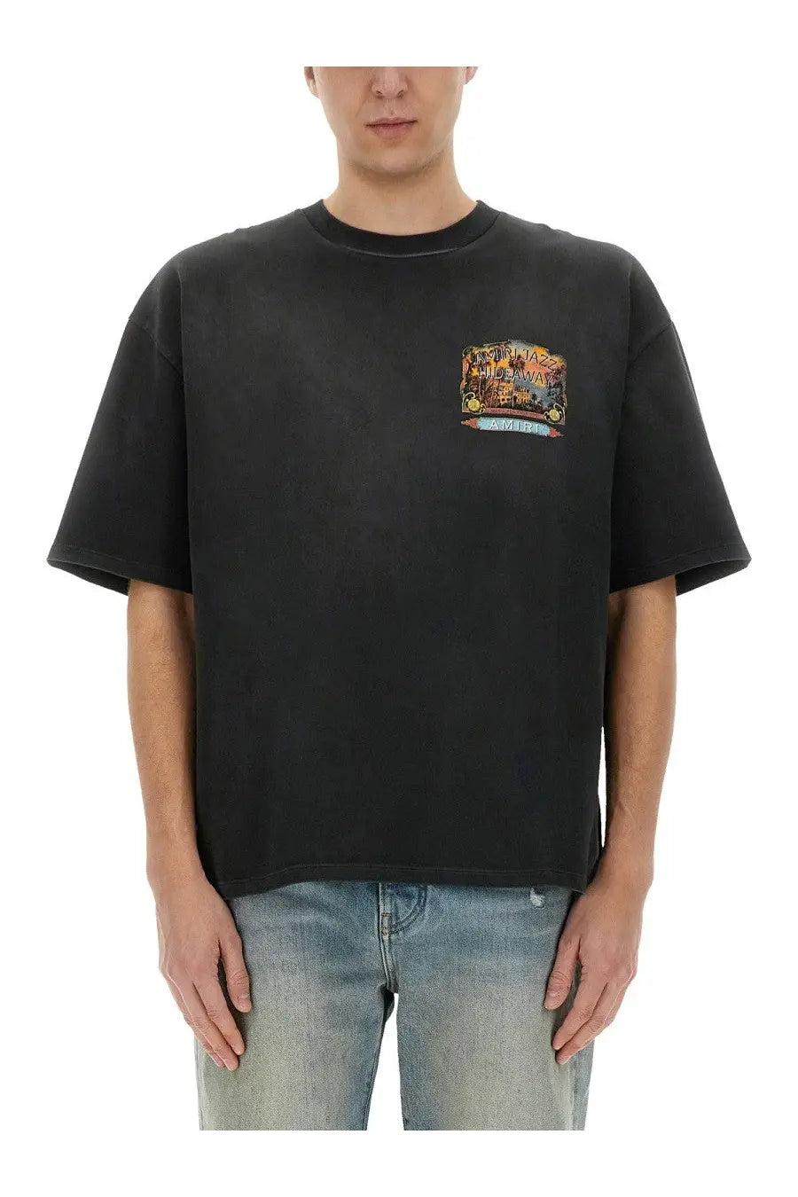 Amiri men’s jazz hideaway shirt black oversized t-shirt with colorful graphic print on the left chest