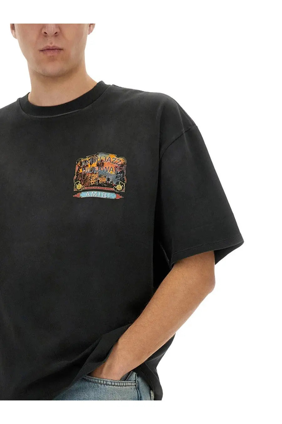 Black oversized AMIRI men’s jazz hideaway shirt with colorful vintage-style jazz and America graphic print