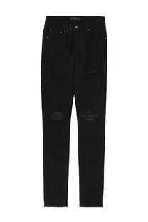 Amiri men’s black distressed slim fit denim jeans with subtle knee fading in a sleek design