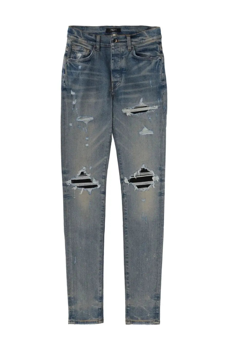 Amiri men’s jeans mx1 blue distressed denim jeans with ripped knees and faded wash front view