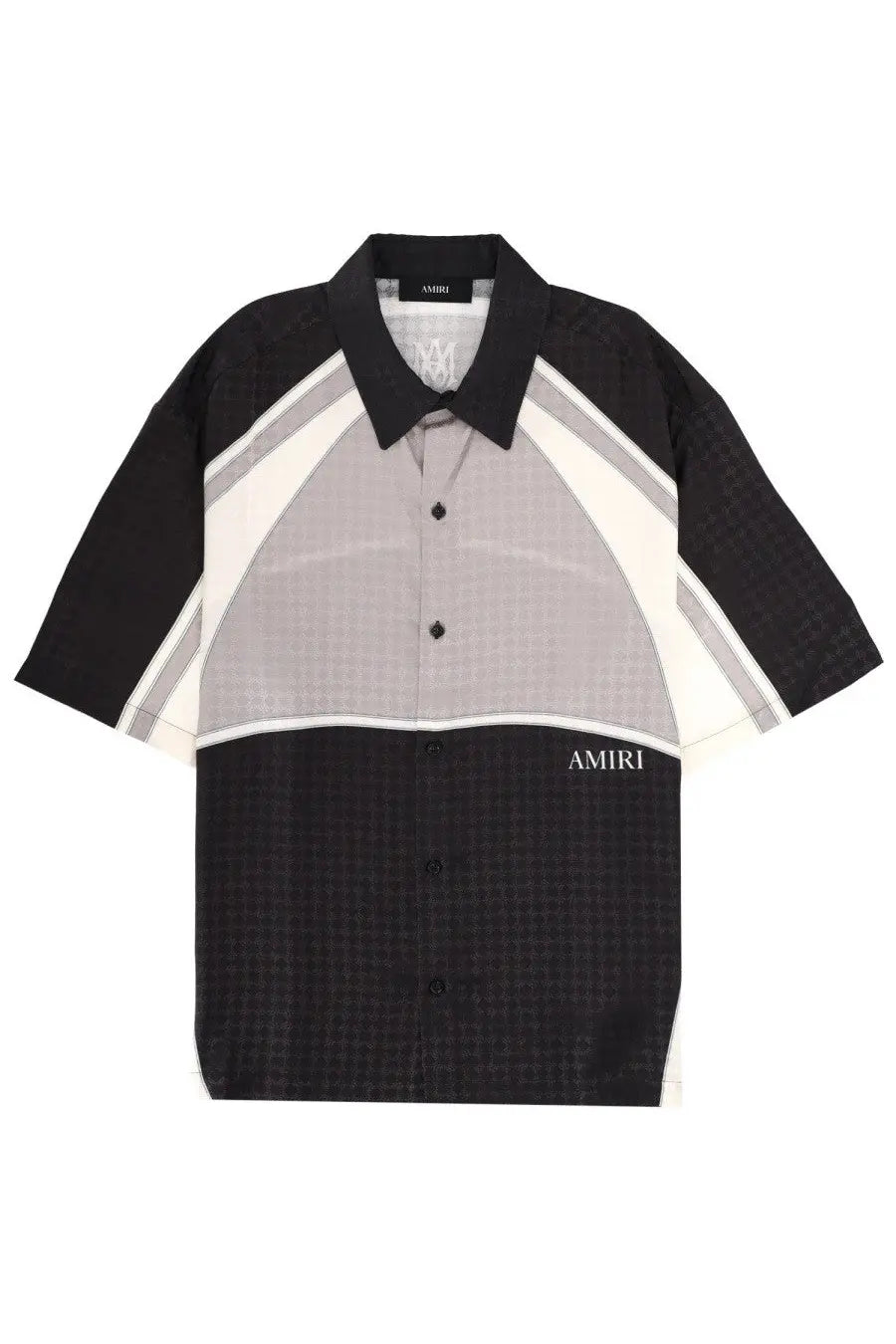 Amiri men’s black and gray geometric short-sleeve button-up shirt with white accents and logo on collar and chest