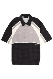 Amiri men’s black and gray geometric short-sleeve button-up shirt with white accents and logo on collar and chest