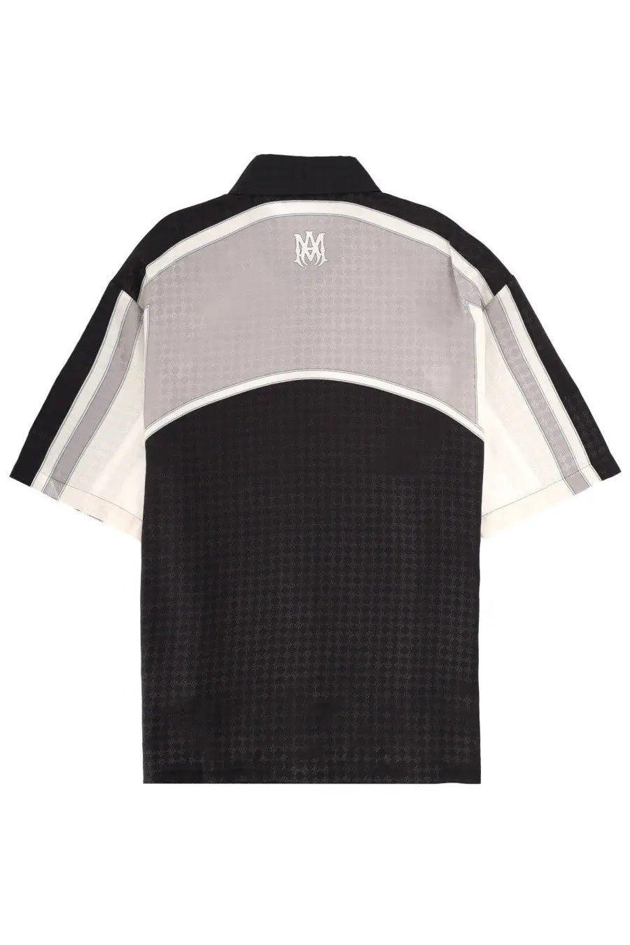 Amiri men’s ma quad panel black polo shirt with short sleeves, subtle textured pattern, and contrasting sleeve stripes