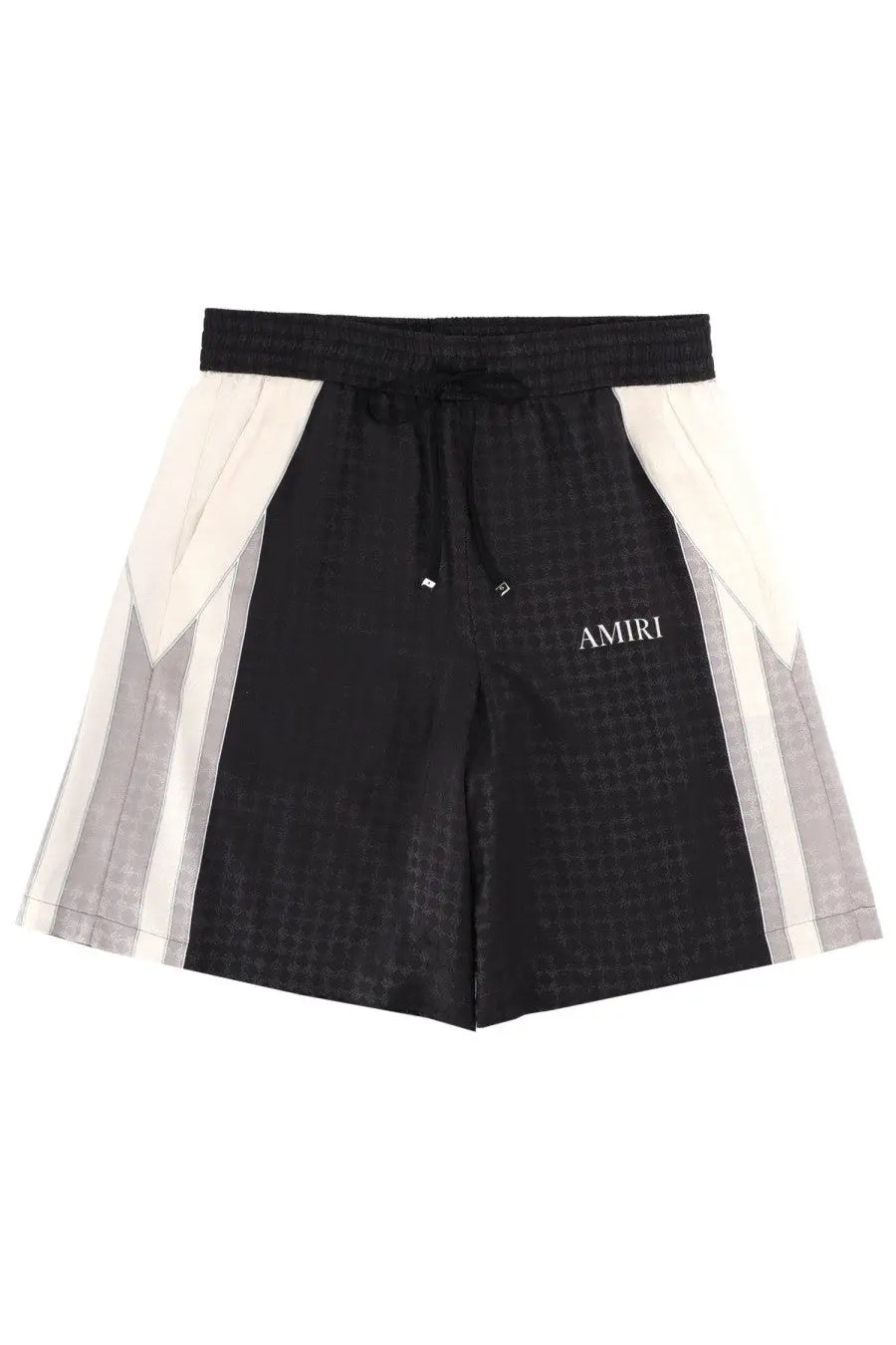 Amiri men’s black ma quad panel shorts with subtle textured pattern and white gray geometric side panels elastic waistband