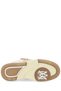 Back view of amiri men’s ma skyline beige high-top sneaker with white embroidered logo on brown heel
