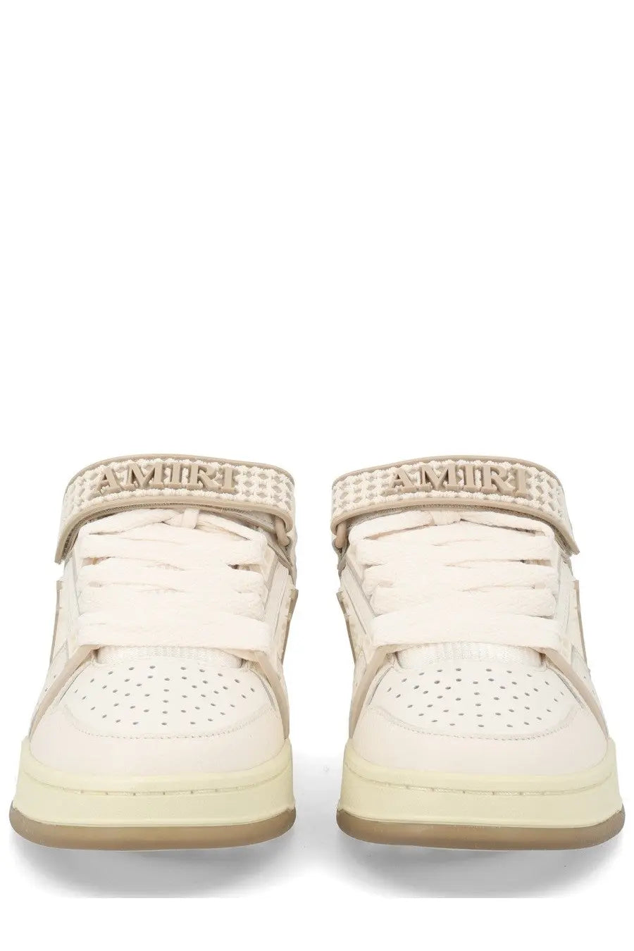 Cream-colored amiri men’s ma skyline high-top sneakers with perforated leather uppers and textured strap beige