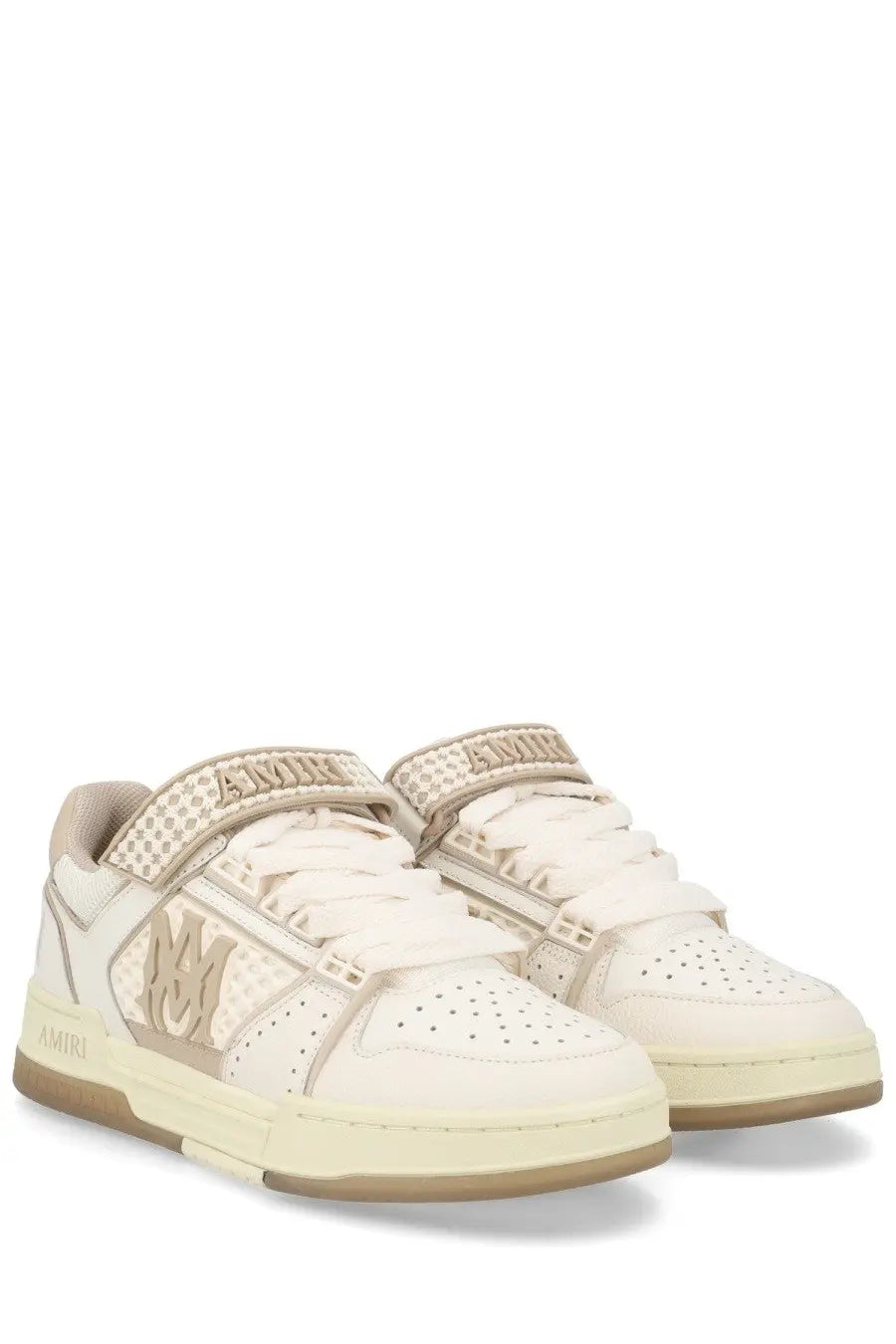 Cream-colored AMIRI men’s MA Skyline sneaker with textured mesh and leather upper featuring matching logo tones