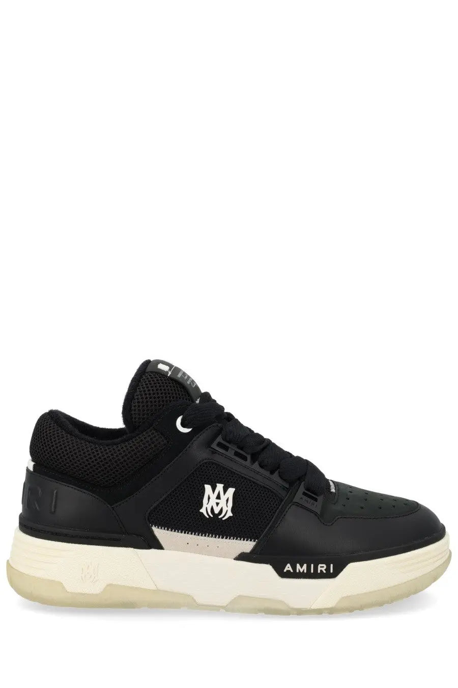 Amiri men’s sneaker MA black with bold chunky white sole and contrasting white logo detailing on the side
