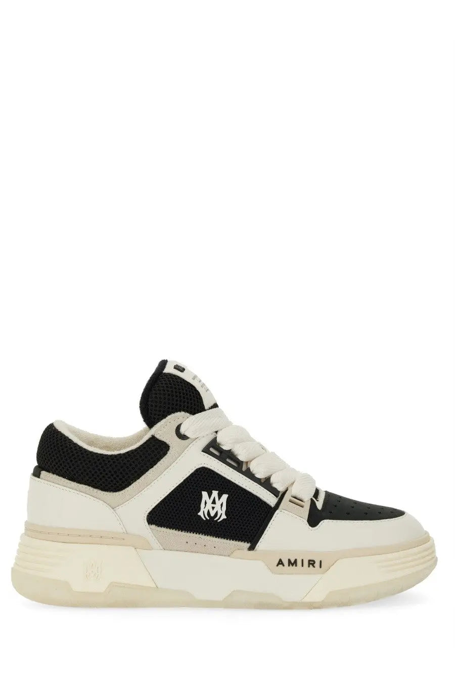 Amiri men’s sneaker MA black low-top with black and cream mesh upper rubber sole and embroidered logo on the side