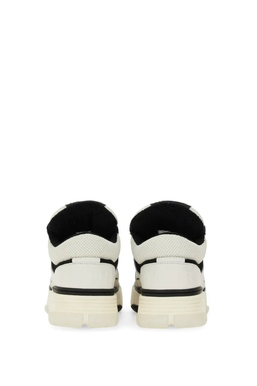 Amiri men’s sneaker ma white chunky sneaker with white and black mesh upper rubber sole and black heel tab back view