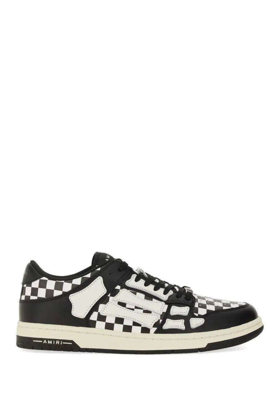 Amiri men’s sneaker skel black low-top with black and white checkerboard leather upper and rubber sole