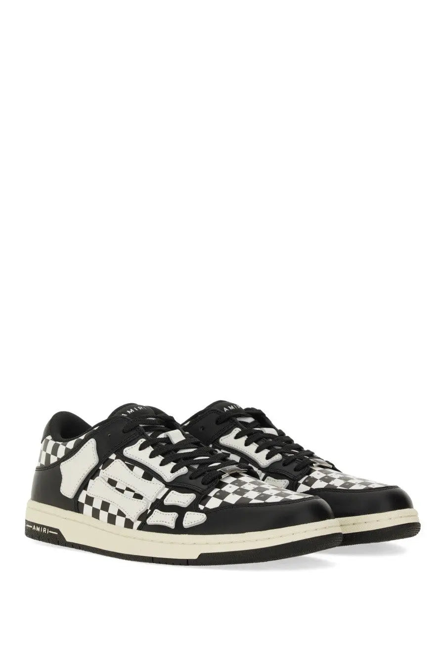 Amiri men’s sneaker skel black with black and white checkerboard leather upper and cream rubber sole featuring skeletal design