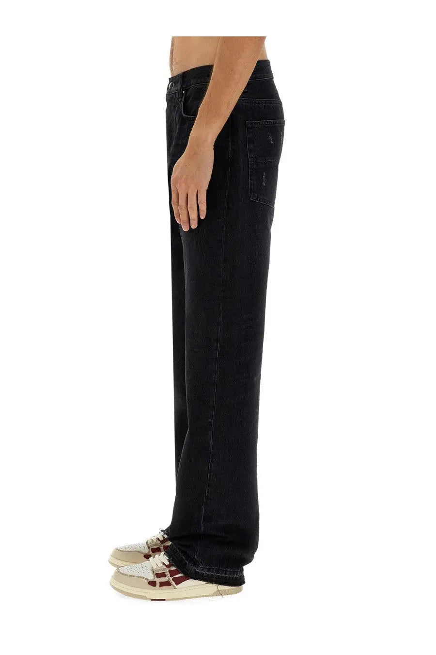 Amiri men’s black straight leg denim jeans with subtle distressing and a classic fit
