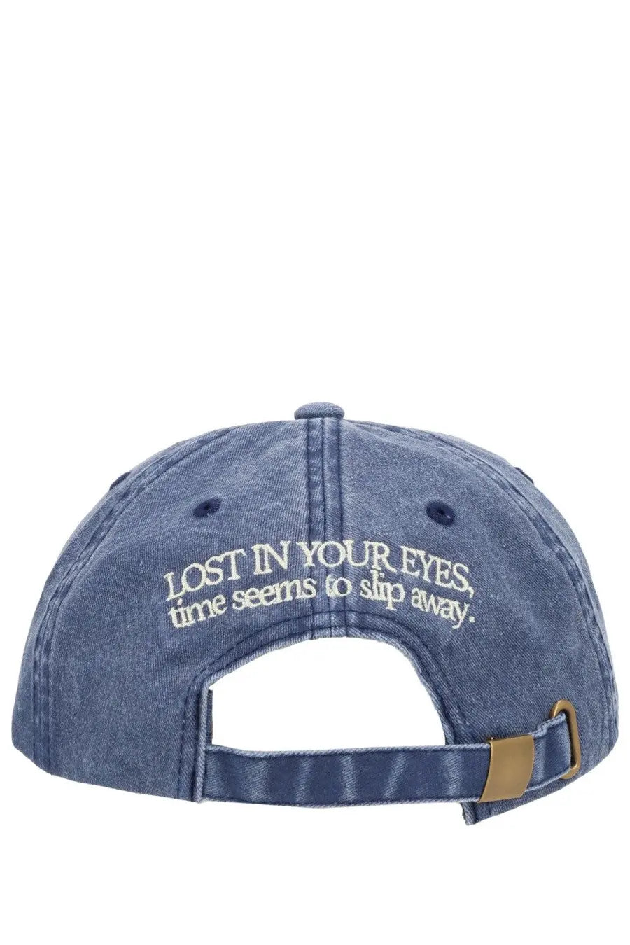 Blue denim baseball cap from Amish Supplies with white embroidered text lost in your eyes time seems to slip away