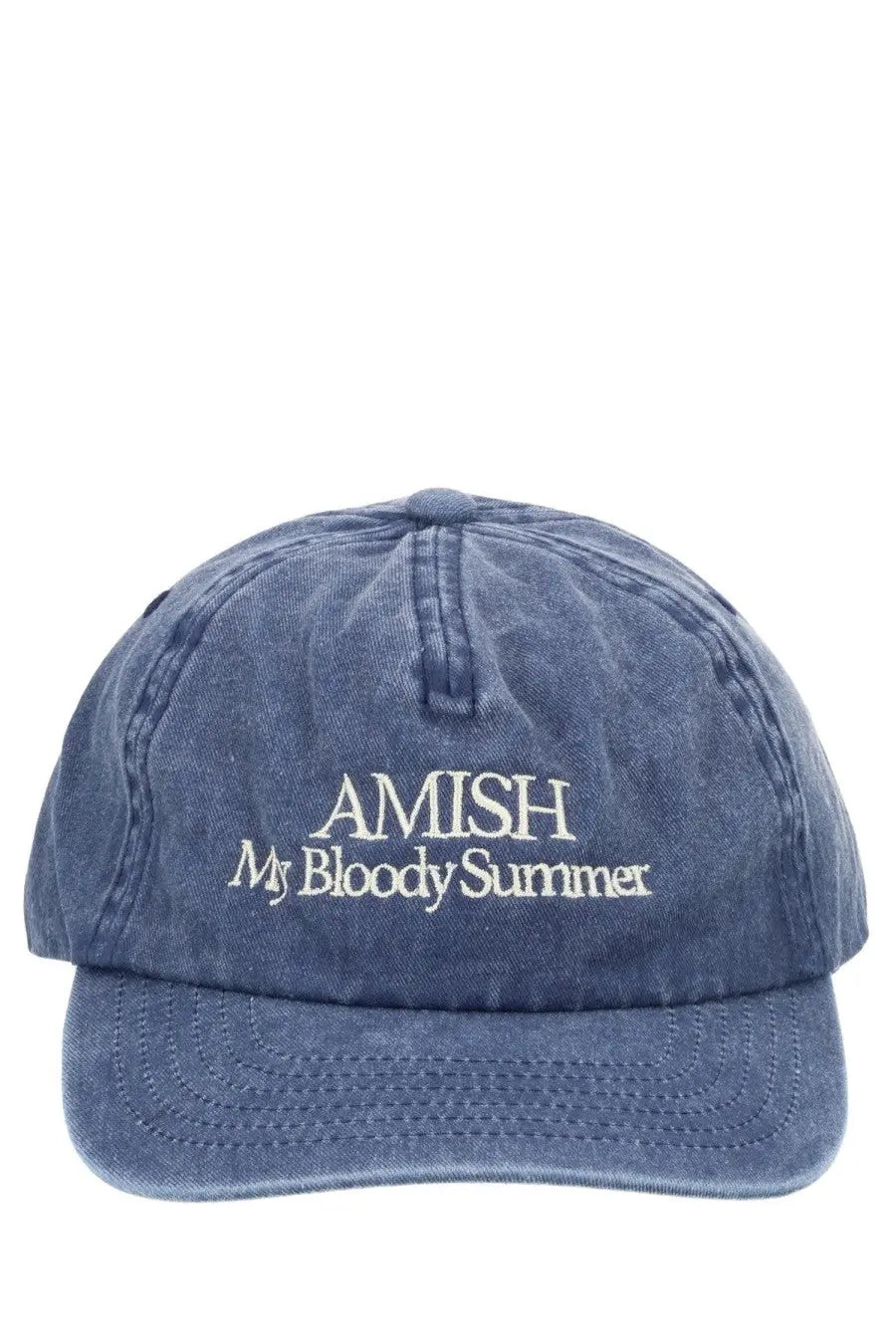 Blue denim baseball cap with white embroidered amish my bloody summer text from Amish supplies men’s collection