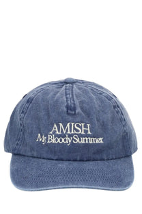 Blue denim baseball cap with white embroidered amish my bloody summer text from Amish supplies men’s collection