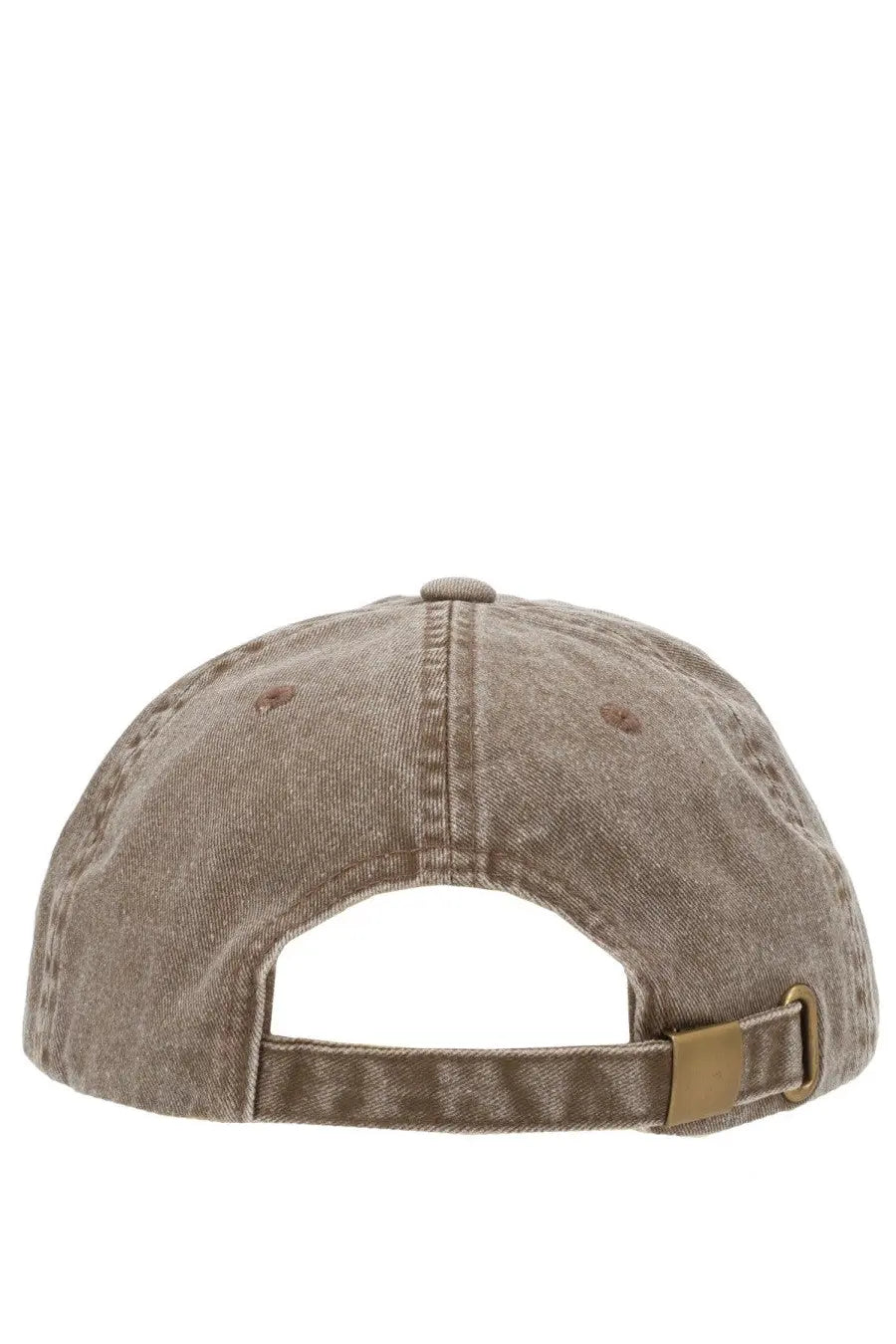 Beige denim baseball cap with brass adjustable strap buckle shown from the back in amish supplies men’s brown cap