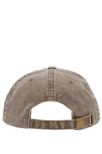 Beige denim baseball cap with brass adjustable strap buckle shown from the back in amish supplies men’s brown cap