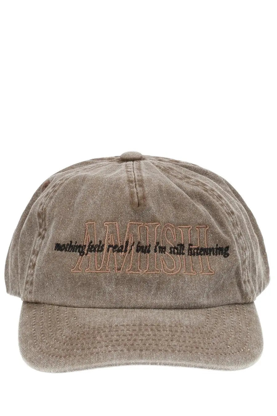 Amish supplies men’s beige denim baseball cap with embroidered amish text and a stitched listening phrase in brown