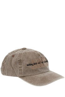 Amish supplies men’s brown faded beige denim baseball cap with embroidered text and button on the crown