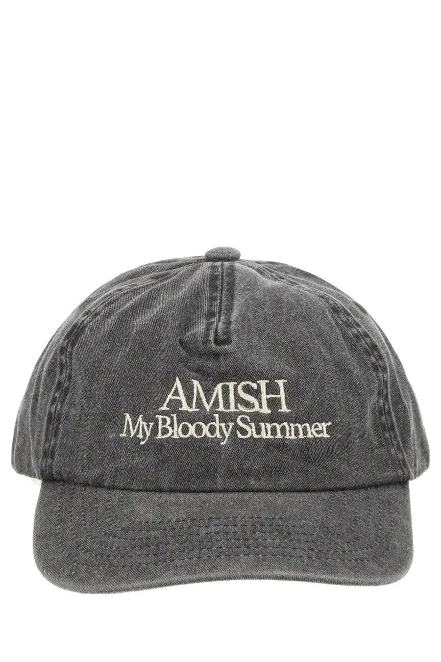 Dark gray denim Amish supplies men’s baseball cap with white embroidered text amish my bloody summer