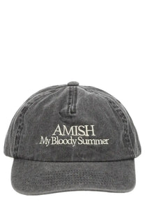 Dark gray denim Amish supplies men’s baseball cap with white embroidered text amish my bloody summer